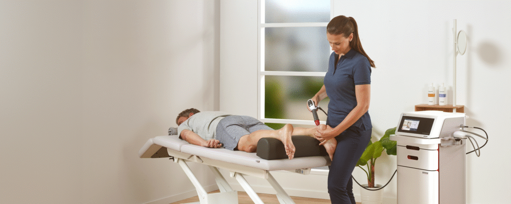 Application d'une thérapie par ondes de choc à la jambe d'un patient